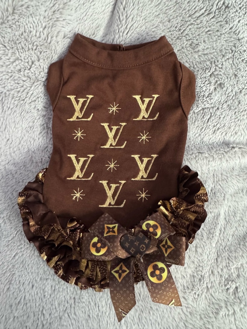Brown Gold Logo Ruffled Dog Dress